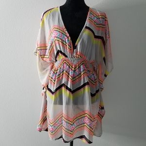 Multi-Color Chevron Print Open Back Cover-Up, L